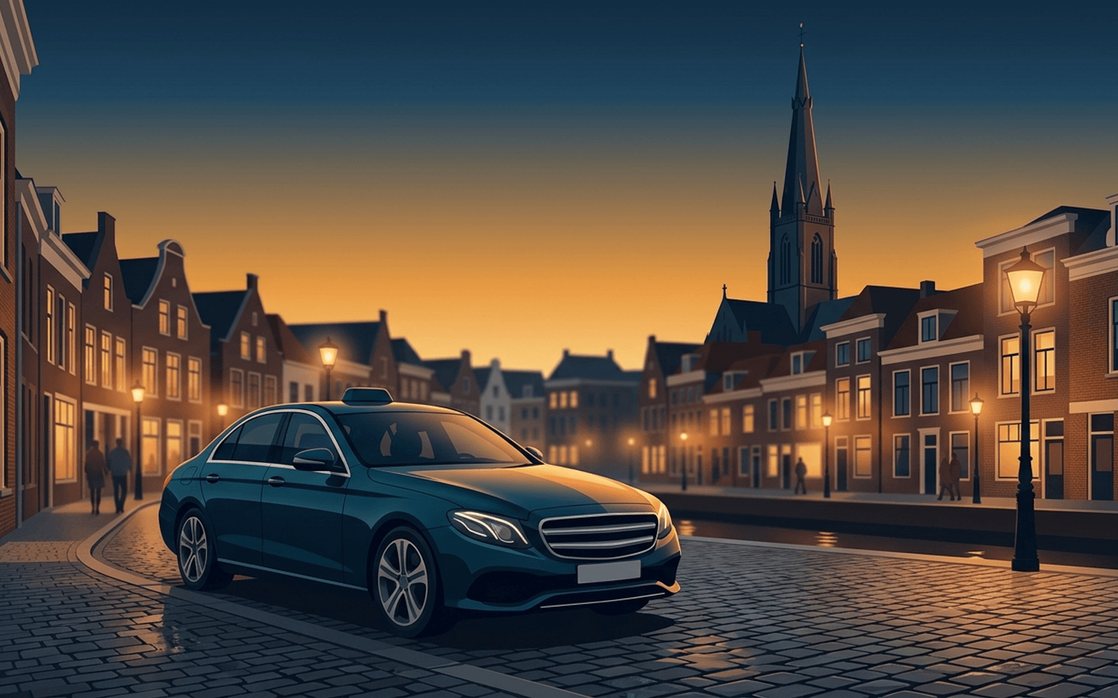 Ryde taxi voor de Grote Kerk in Haarlem bij schemering